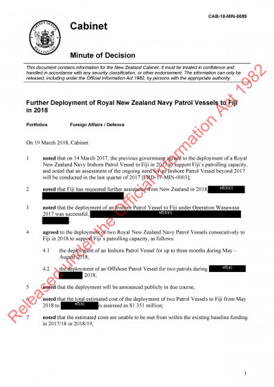 Further Deployment of RNZN Patrol Vessels to Fiji in 2018