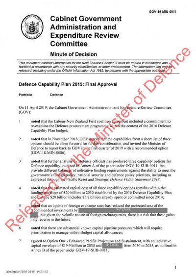 Defence Capability Plan 2019 Cabinet Documents